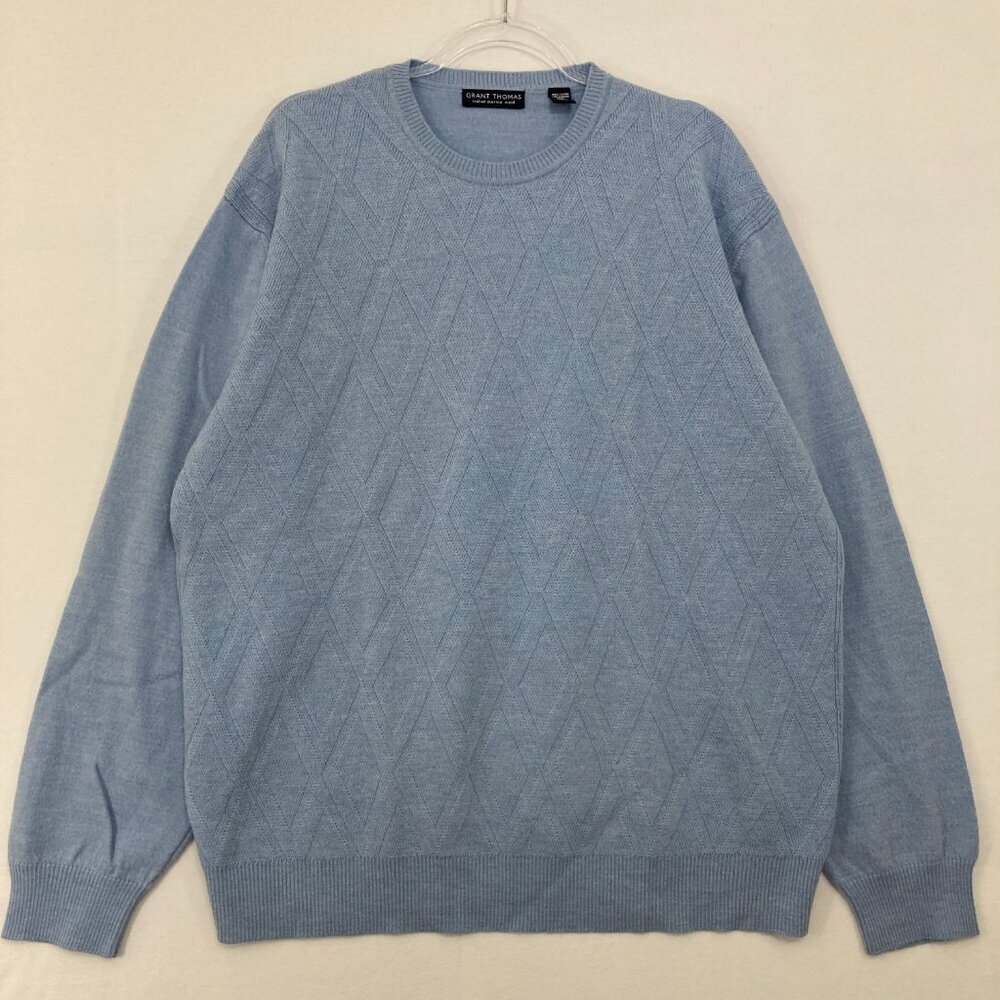Grant Thomas size XXL Blue Italian Merino Wool Geometric Textured Crew Sweater‎